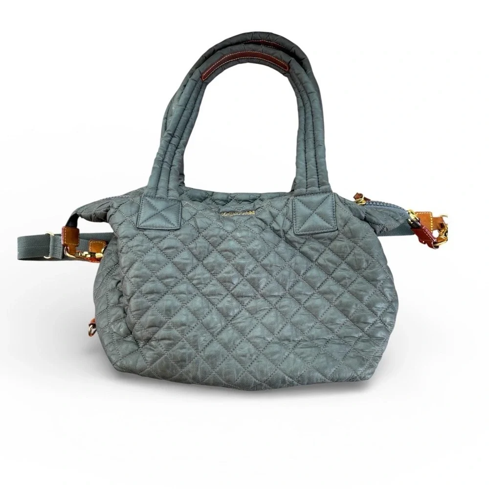 MZ Wallace‎ Sutton Gray Deluxe Quilted Medium Tote Crossbody Bag Gold Hardwarer
